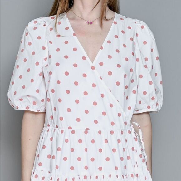 J. CREW White Polka Dot Red V-Neck Puff
Sleeve Poplin Wrap Mini Dress - Picture 5 of 16